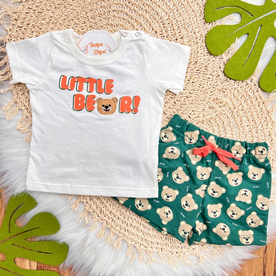 Conj. Camiseta Little Bear e Bermuda - Off White e Verde